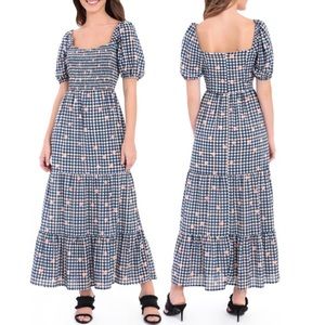 {Donna Morgan}Blue Gingham Dot Puff Sleeve Midi Dress
